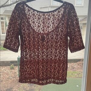 Sheer Lace Scoop Back Top - Burgundy
